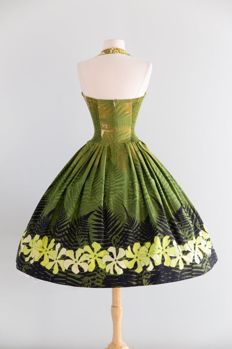 Spectacular 1950's Alfred Shaheen Green Fern Print Hawaiian Halter Dress / S