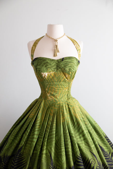 Spectacular 1950's Alfred Shaheen Green Fern Print Hawaiian Halter Dress / S