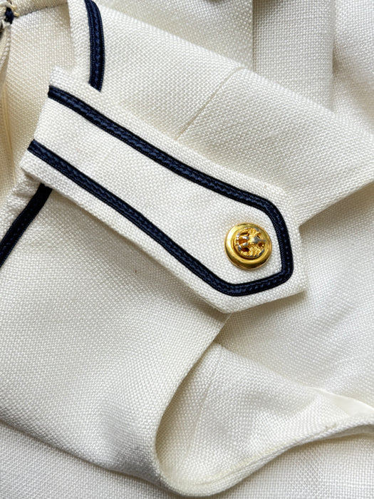 Adorable 1960's White Linen Nautical Shift Dress With Navy Trim / SM