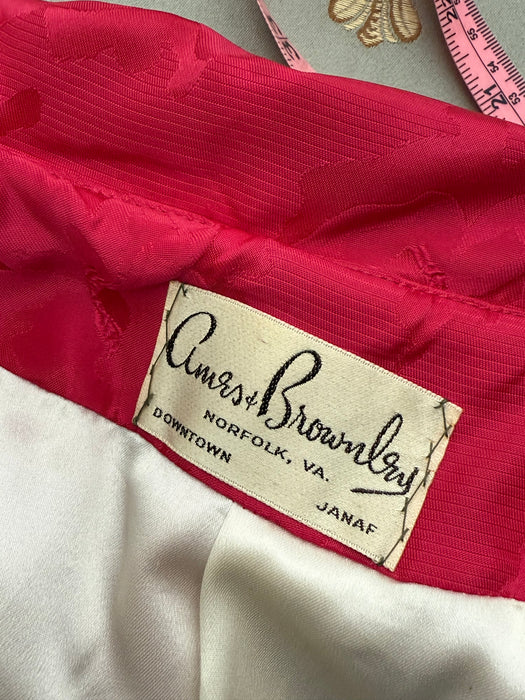 Iconic 1950s Shocking Pink Floral Brocade Cocktail Dress and Matching Coat Ensemble / S