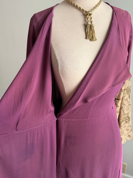 Gorgeous 1930's Violet Rayon Dressing Gown With Lace Sleeves / SM