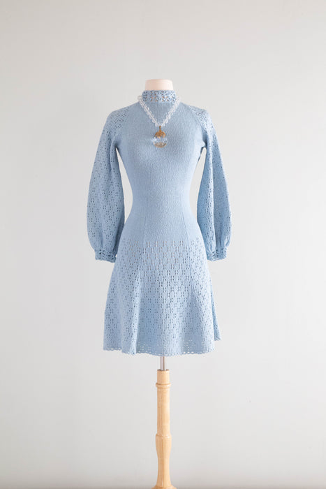 Vintage 1960's Baby Blue Knit Dress With Bishop Sleeves / SM