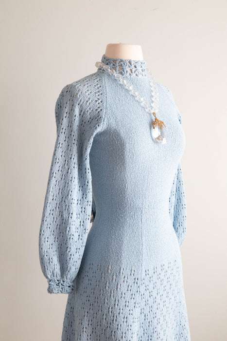 Vintage 1960's Baby Blue Knit Dress With Bishop Sleeves / SM