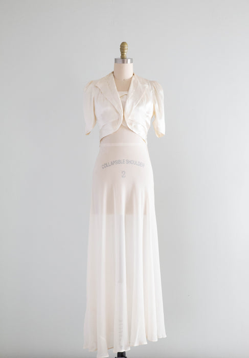 Old Hollywood Glamour 1930's Ivory Chiffon Bias Cut Evening Gown & Jacket / XS