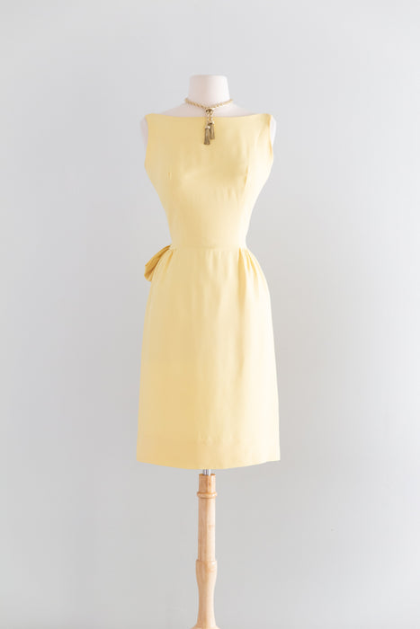 Adorable 1960's Butter Yellow Crepe Cocktail Dress With Low Bow Back / Small