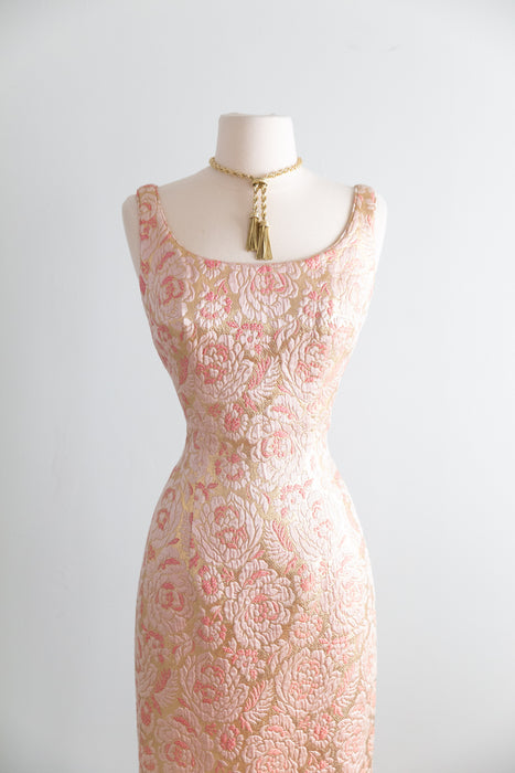 Glamorous 1960's Pink & Gold Brocade Evening Gown By Mr. Blackwell / SM
