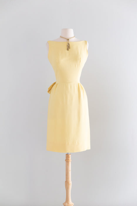 Adorable 1960's Butter Yellow Crepe Cocktail Dress With Low Bow Back / Small