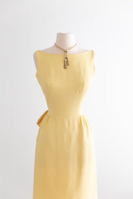 Adorable 1960's Butter Yellow Crepe Cocktail Dress With Low Bow Back / Small