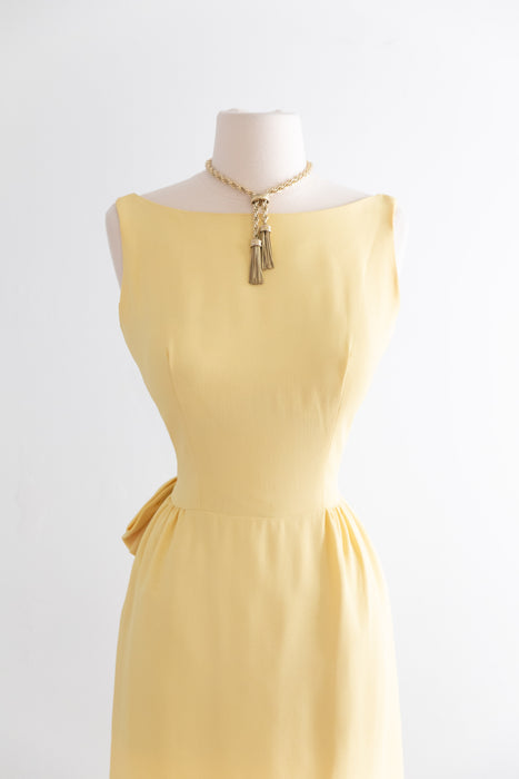 Adorable 1960's Butter Yellow Crepe Cocktail Dress With Low Bow Back / Small