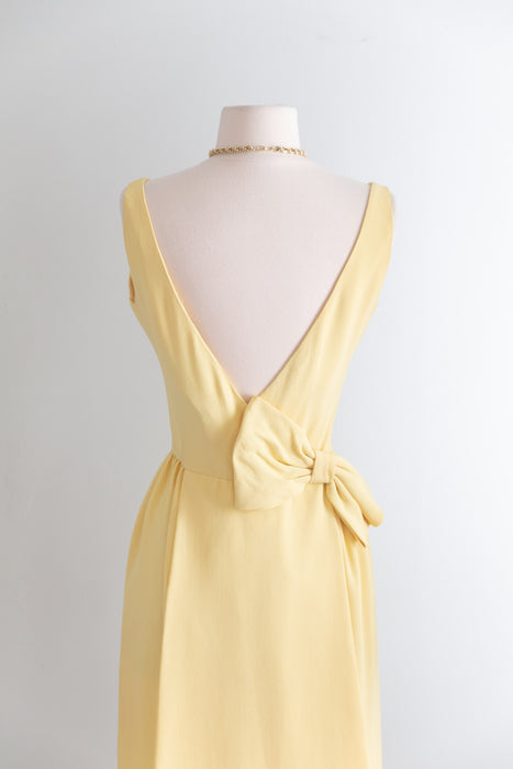Adorable 1960's Butter Yellow Crepe Cocktail Dress With Low Bow Back / Small