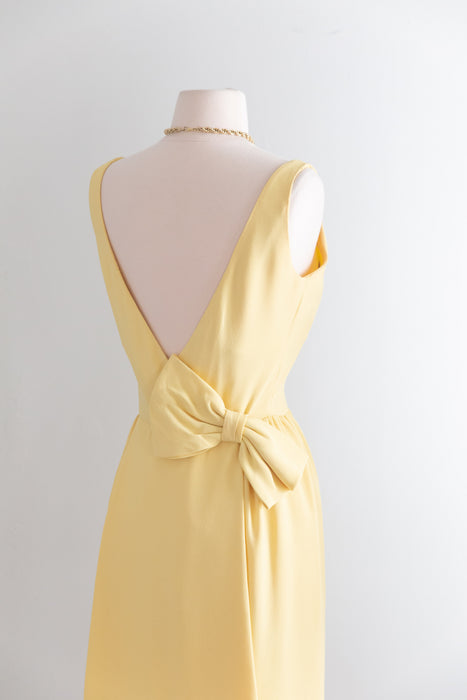 Adorable 1960's Butter Yellow Crepe Cocktail Dress With Low Bow Back / Small