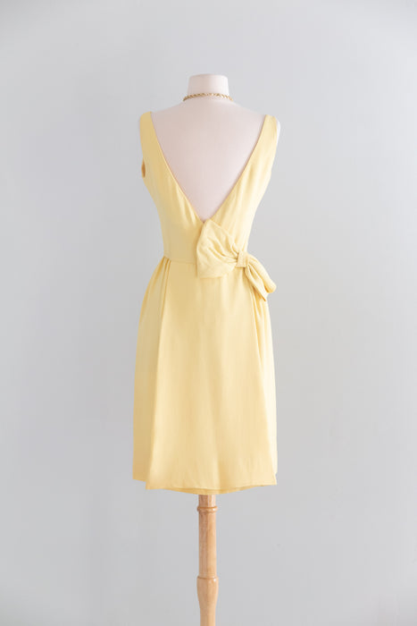 Adorable 1960's Butter Yellow Crepe Cocktail Dress With Low Bow Back / Small