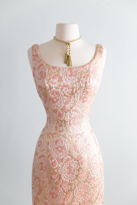 Glamorous 1960's Pink & Gold Brocade Evening Gown By Mr. Blackwell / SM