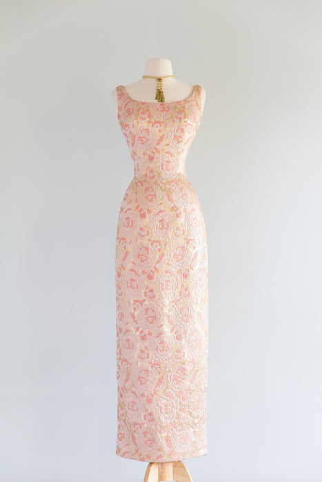 Glamorous 1960's Pink & Gold Brocade Evening Gown By Mr. Blackwell / SM