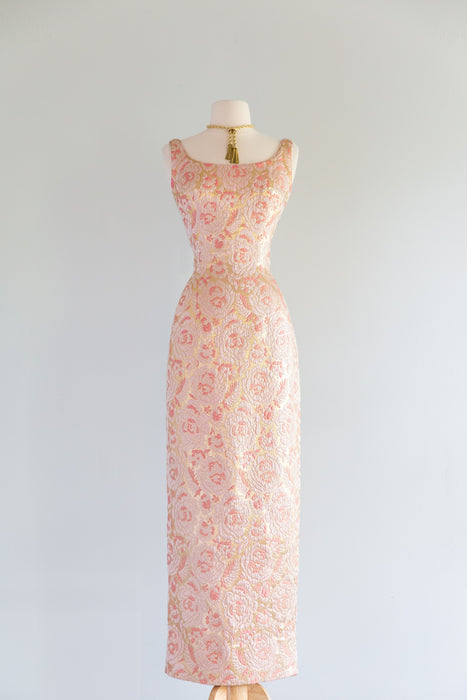 Glamorous 1960's Pink & Gold Brocade Evening Gown By Mr. Blackwell / SM