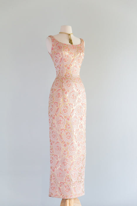 Glamorous 1960's Pink & Gold Brocade Evening Gown By Mr. Blackwell / SM