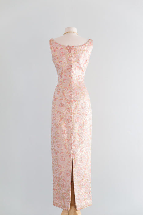 Glamorous 1960's Pink & Gold Brocade Evening Gown By Mr. Blackwell / SM