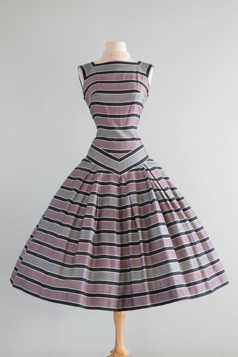 Splendid 1950's Cotton Striped Party Dress With Bow / SM