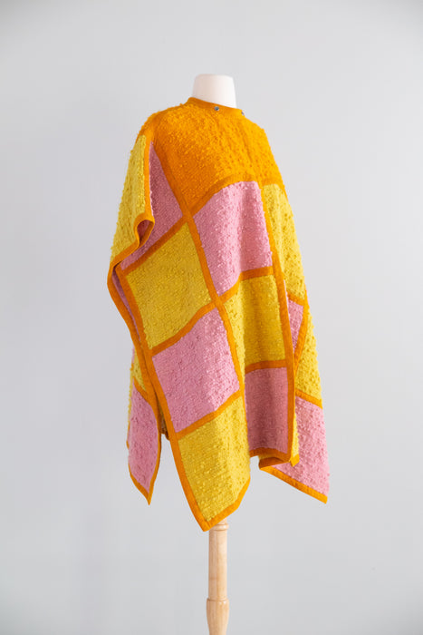 RARE 1960's Bonnie Cashin SILLS Color Block Wool & Suede Poncho / OSFM