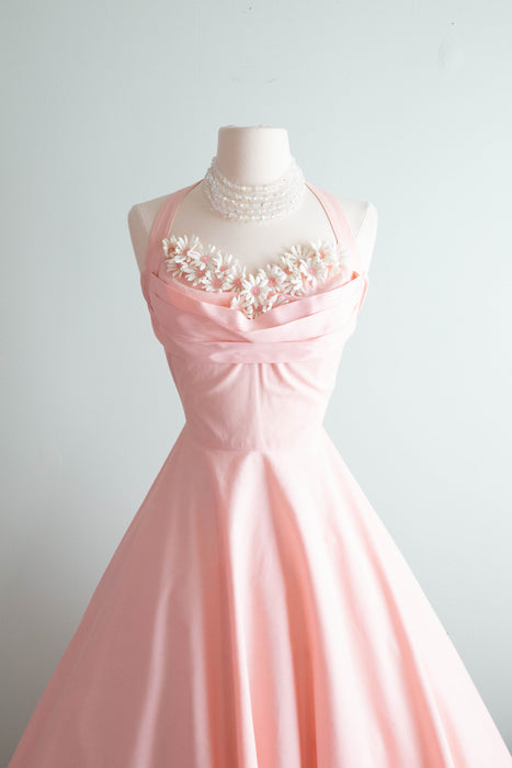 Pretty In Pink 1950's Cotton Halter Dress With Floral Applique / Small