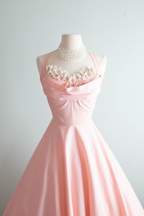 Pretty In Pink 1950's Cotton Halter Dress With Floral Applique / Small