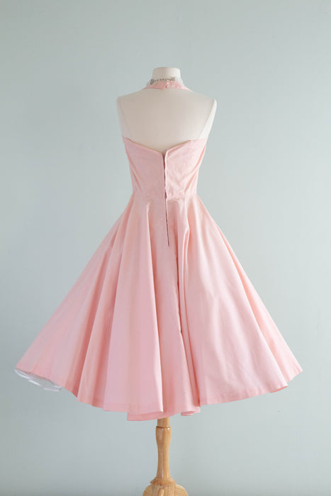 Pretty In Pink 1950's Cotton Halter Dress With Floral Applique / Small