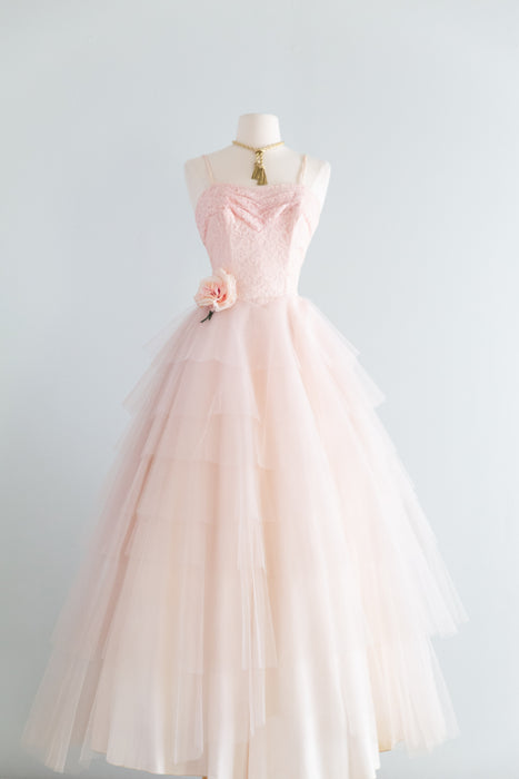 Stunning 1950's Peony Pink Lace & Tulle Formal Gown / XS