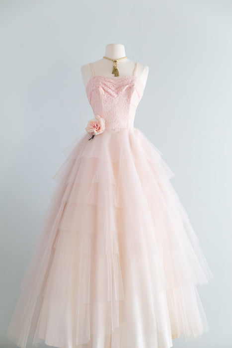 Stunning 1950's Peony Pink Lace & Tulle Formal Gown / XS