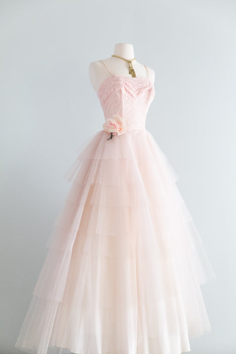 Stunning 1950's Peony Pink Lace & Tulle Formal Gown / XS