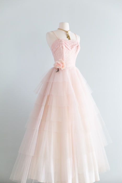 Stunning 1950's Peony Pink Lace & Tulle Formal Gown / XS