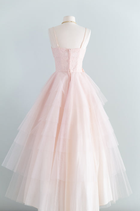 Stunning 1950's Peony Pink Lace & Tulle Formal Gown / XS