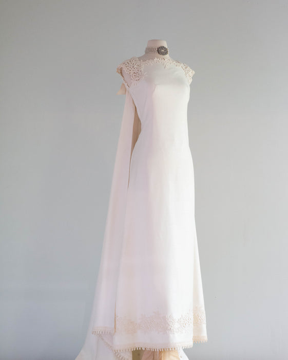 Elegant 1960's Ivory Wedding Gown With Floral Lace & Watteau Train / S – Xtabay Vintage Elegant 1960's Ivory Wedding Gown With Floral Lace & Watteau Train / S – Xtabay Vintage