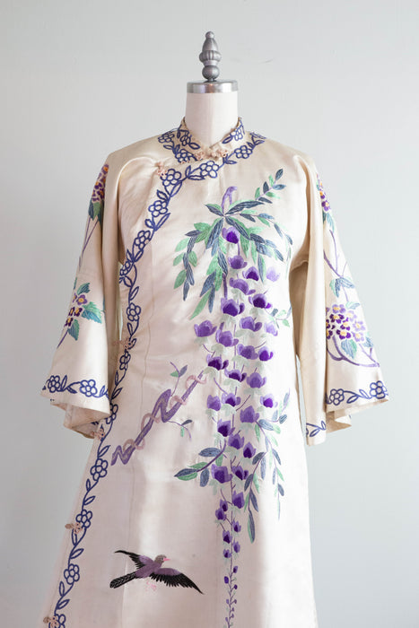vintage chinese silk dressing gown Vintage 1970s Dressing Gown NOS Blue Satin Brocade Asian Motifs Loungi Poppy's Vintage Clothing