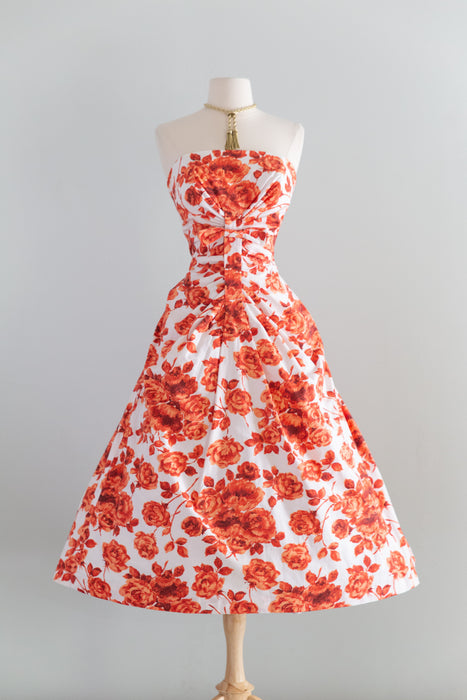 Spectacular 1950's Strapless Cotton Rose Print Evening Dress / SM