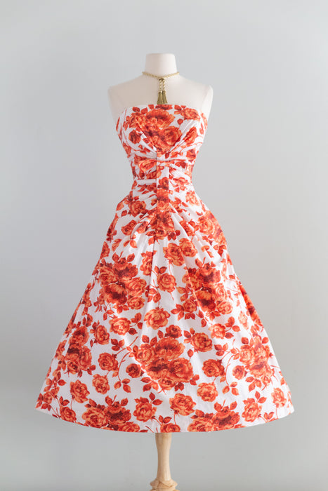 Spectacular 1950's Strapless Cotton Rose Print Evening Dress / SM