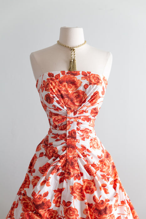 Spectacular 1950's Strapless Cotton Rose Print Evening Dress / SM