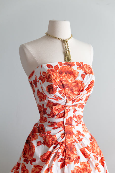 Spectacular 1950's Strapless Cotton Rose Print Evening Dress / SM