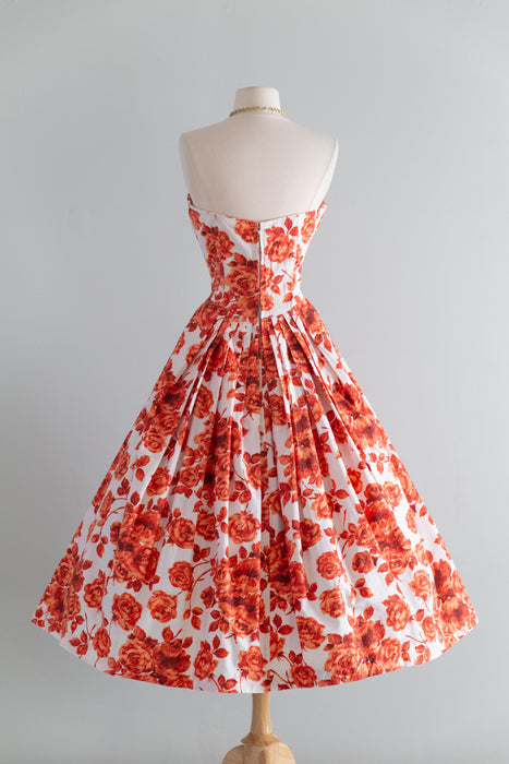 Spectacular 1950's Strapless Cotton Rose Print Evening Dress / SM