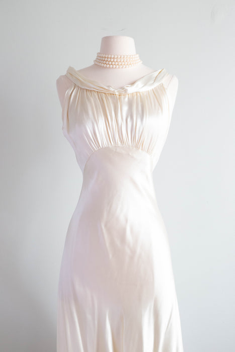 Vintage 1930's Bias Cut Wedding Gown In Gleaming Satin /  SM Petite