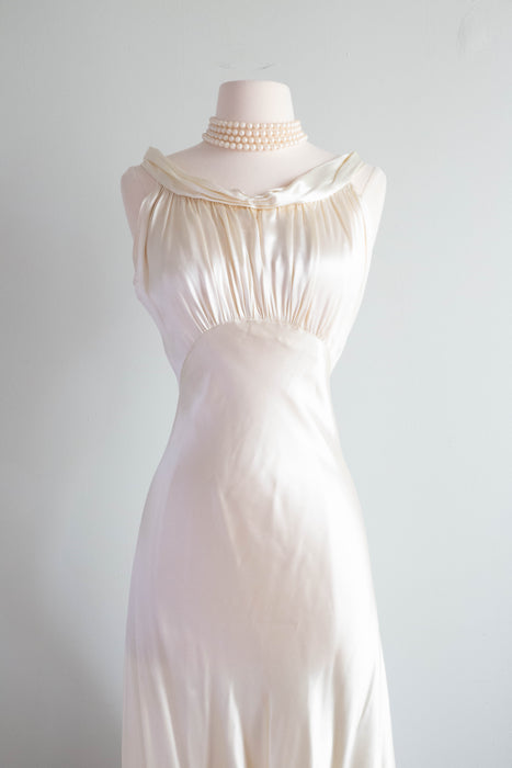 Vintage 1930's Bias Cut Wedding Gown In Gleaming Satin /  SM Petite