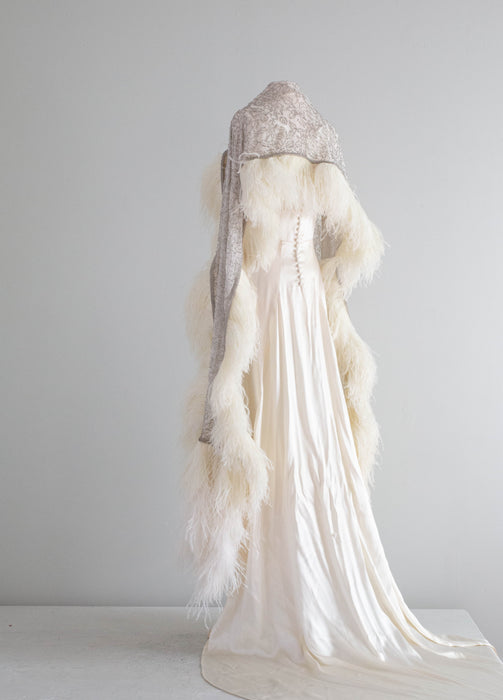 Spectacular and Rare 1920's Beaded Silk Chiffon Ostrich Feather Evening Wrap / OS