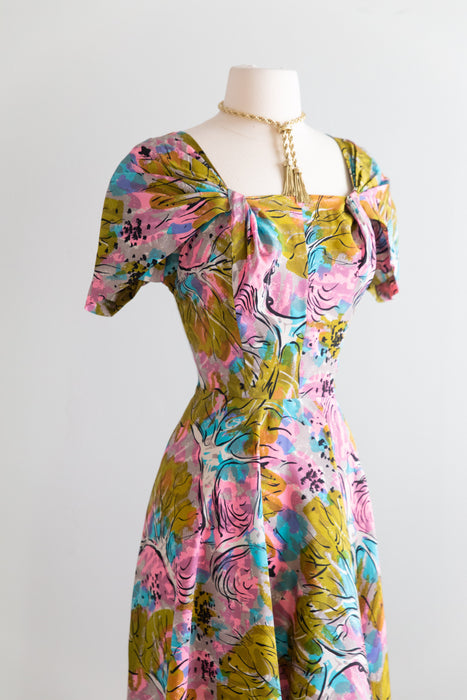 Rare 1940's Nettie Rosenstein Fauvist Landscape Silk Dress / M