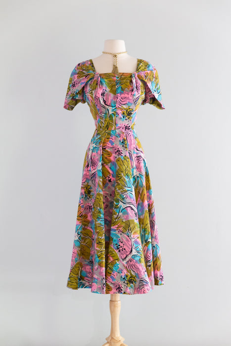 Rare 1940's Nettie Rosenstein Fauvist Landscape Silk Dress / M