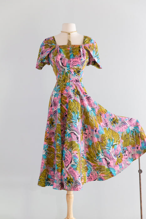 Rare 1940's Nettie Rosenstein Fauvist Landscape Silk Dress / M