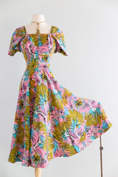 Rare 1940's Nettie Rosenstein Fauvist Landscape Silk Dress / M
