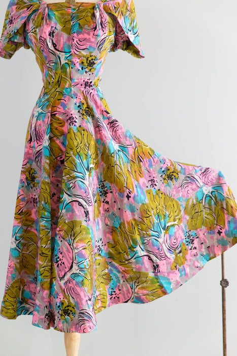 Rare 1940's Nettie Rosenstein Fauvist Landscape Silk Dress / M
