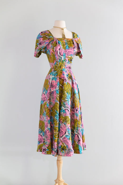 Rare 1940's Nettie Rosenstein Fauvist Landscape Silk Dress / M