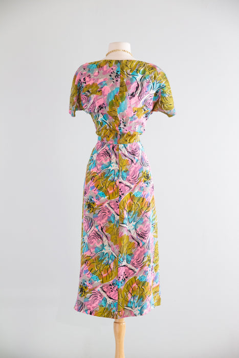Rare 1940's Nettie Rosenstein Fauvist Landscape Silk Dress / M