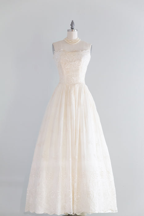 Romantic 1950's Embroidered Wild Rose Chiffon Ivory Wedding Dress / M