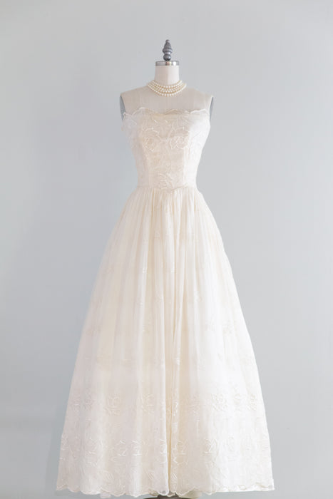 Romantic 1950's Embroidered Wild Rose Chiffon Ivory Wedding Dress / M